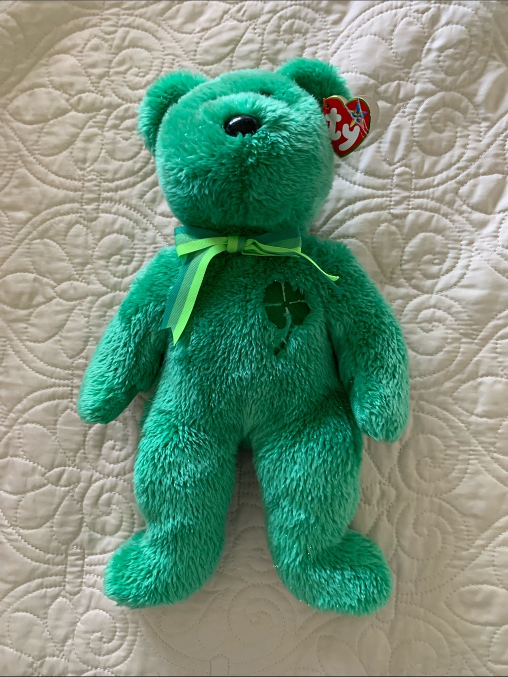 Ty Green Plush Bear with Clover Emblem and Ribbon Dublin